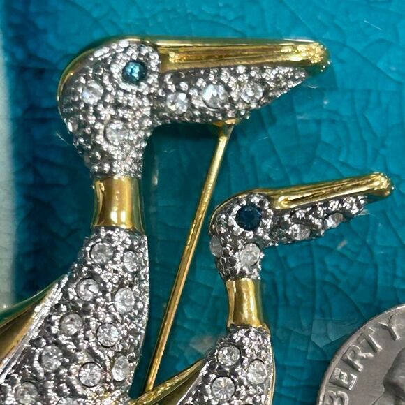Mother & Baby Rhinestone Crystal Pelican Brooch Pin Women's Silver and Gold-tone - Picture 3 of 8